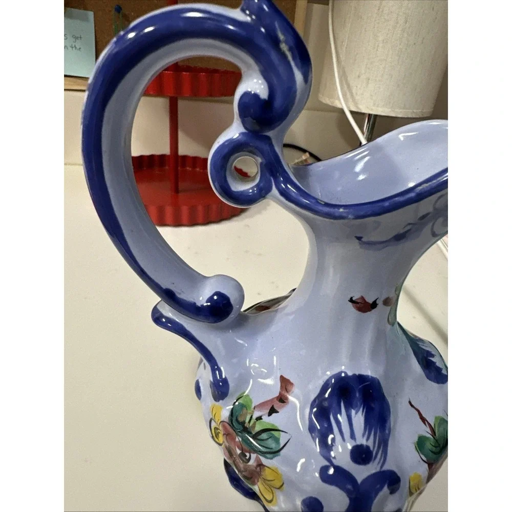 PORTUGAL Vintage Vase‎ Pitcher Blue & Floral Hand Painted and Numbered 7.5inch